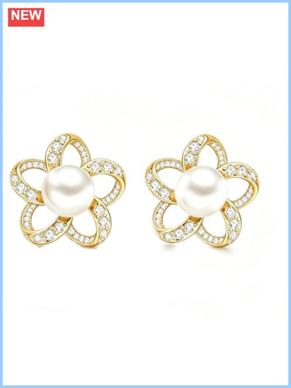 925 Sterling Silver White Pearl Stud Earrings 14K Gold Plated Floral